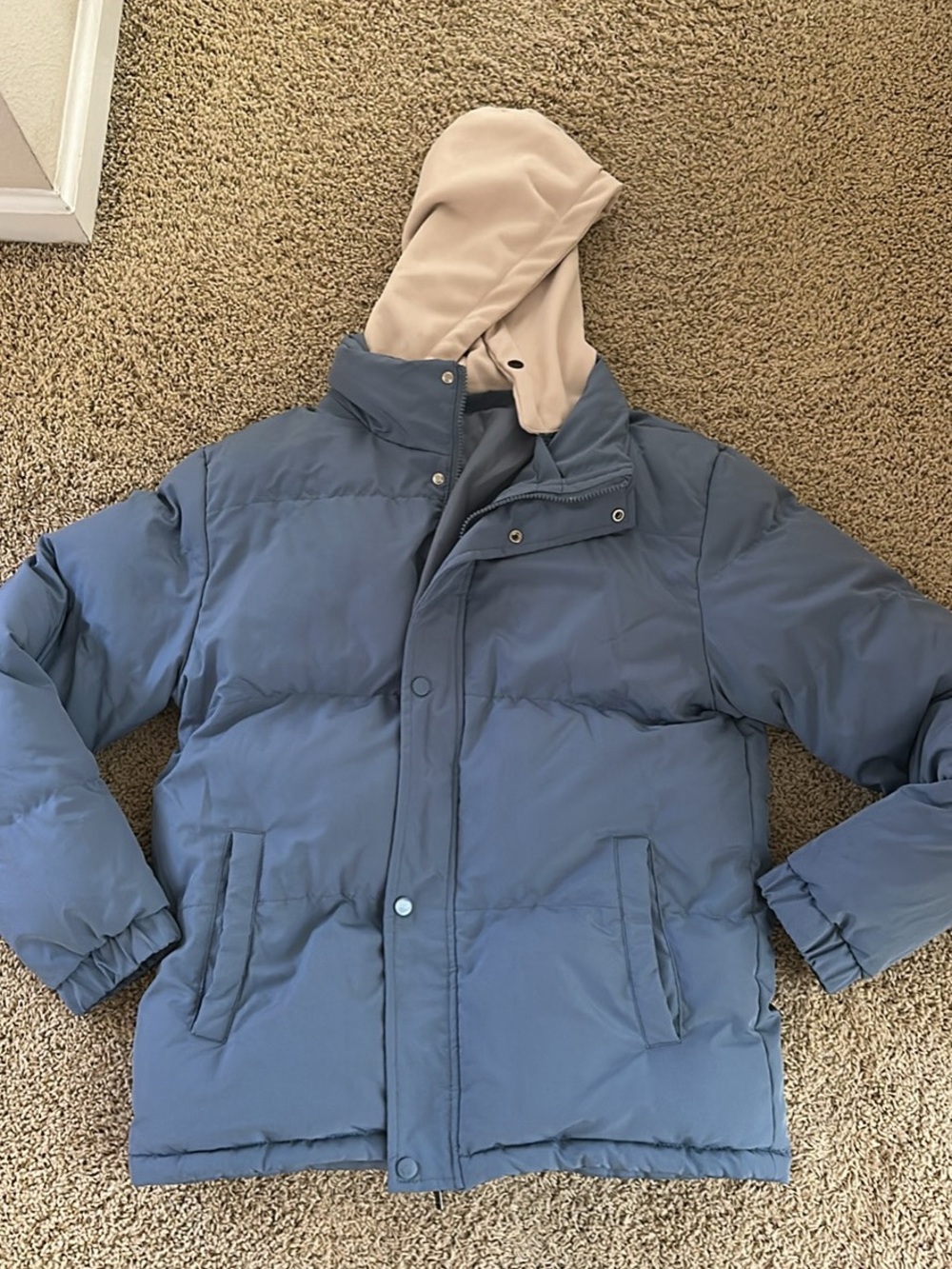 SHEIN Blue Puffer Jacket with Beige Hood